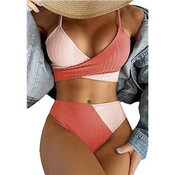 Women's 2 Piece Colorblock High Waisted Wrap Spaghetti Strap Summer Swimsuit Bikini Set