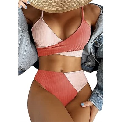 Women's 2 Piece Colorblock High Waisted Wrap Spaghetti Strap Summer Swimsuit Bikini Set