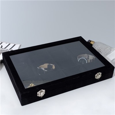 Подставка для украшений "Шкатулка" 12 ячеек, стеклянная крышка, 35x24x4,5 см, цвет чёрный