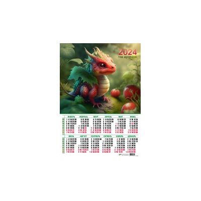 Календари листовые 10 штук A2 2024 Год Дракона 8085