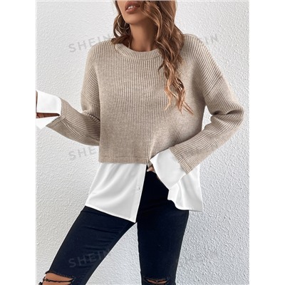 SHEIN Frenchy Rundhals Pullover Hemdbluse für Damen mit Splice-Effekt