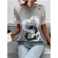 SHEIN LUNE T-Shirt mit Herzen Muster, Kontrast Spitzen, Raglanärmeln, Tunnelzug, Kapuze,