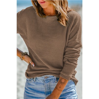 Dark Brown Waffle Knit Drop Shoulder Long Sleeve Top