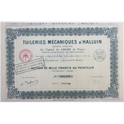 Акция Механическое оборудование для черепичного завода в Аллюене, 1000 франков 1927 года, Франция