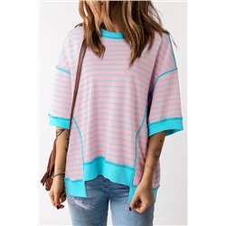 Pink Stripe Oversized Contrast Trim Exposed Seam High Low T Shirt