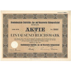 Акция Электро, газо и водоснабжение в Бранденбурге, 1000 рейхсмарок 1929 г, Германия