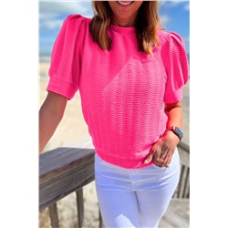 Strawberry Pink Solid Color Textured Puff Sleeve T Shirt