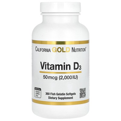 California Gold Nutrition Витамин D3, 50 мкг (2000 МЕ) - 360 мягких капсул из рыбьего желатина - California Gold Nutrition