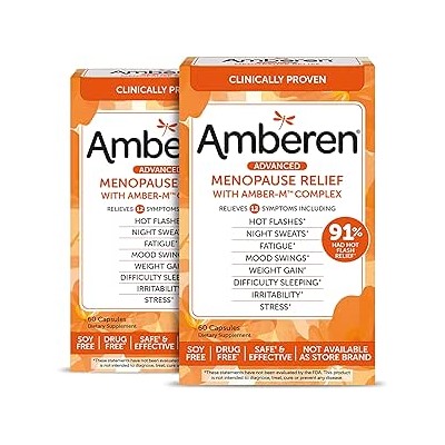 Amberen: Safe Multi-Symptom Menopause Relief. Clinically Shown to Relieve 12 Menopause Symptoms: Hot Flashes, Night Sweats, Mood Swings, Low Energy and More. 2 Month Supply