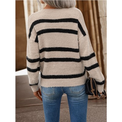 Pullover mit Streifen Muster, Drop Shoulder