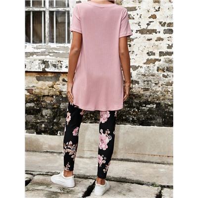 SHEIN VCAY Einfarbiges T-Shirt mit & Blume Muster, Leggings mit