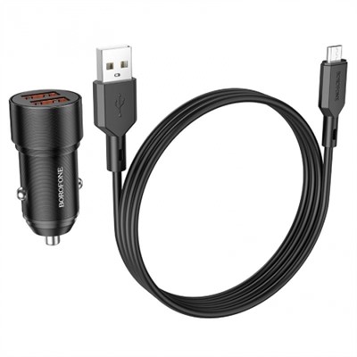 Зарядное автомобильное устройство Borofone BZ19, 2.4A 2xUSB + кабель Micro USB, металл, черное