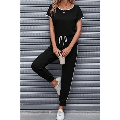 Black Colorblock Trim Casual Two Piece Lounge Set