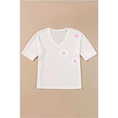 White Flower Applique Texture Knitted V Neck Top