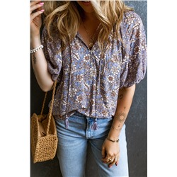 Purple Floral Tassel Tie Split Neck Bubble Sleeve Blouse