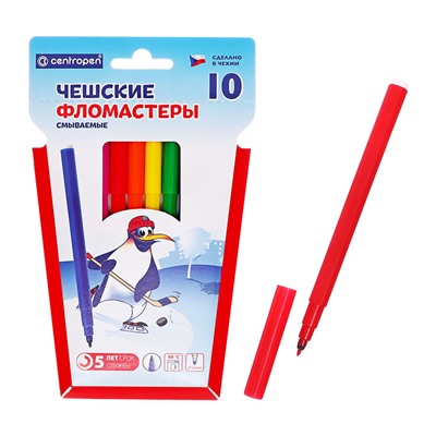 Фломастеры 10 цветов, 1.8 мм Centropen 7790 "Пингвины", пластиковый конверт, смываемые