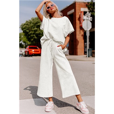 Bright White Textured Loose Fit T Shirt and Drawstring Pants Set