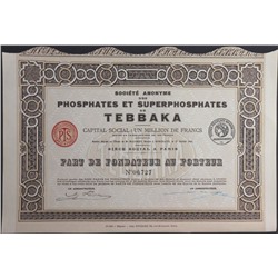 Акция Производство фосфатов и суперфосфатов TEBBAKA, 100 франков 1924 года, Франция