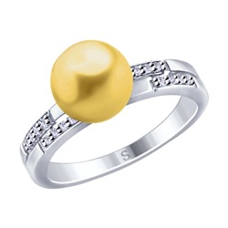 Кольцо из серебра с жёлтым жемчугом Swarovski и фианитами, 94012678