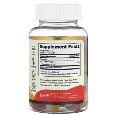 Snap Supplements Жевательные таблетки с пробиотиками, без сахара, клубника + апельсин, 5 миллиардов КОЕ, 60 жевательных конфет