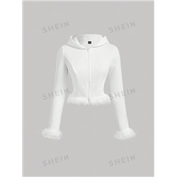 SHEIN MOD Damen Lässiger weißer Fleece-Kapuzenpullover mit Fellbesatz, Herbst/Winter, Damen Outfits für Schule und Ausgehen, Lässig Outfit