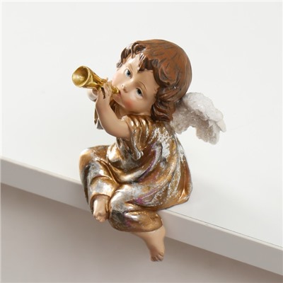 Сувенир полистоун "Ангел в золотистом платье, играет на дудке, сидит" 6,5х8,5х12,5 см