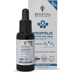 BEE and You Liquid Propolis Extract, Water Soluble, Vitamins D3+K2, High Potency, Immune Support Supplement, Sore Throat Relief, Antioxidants, Keto, Paleo, Gluten-Free, 1 Fl Oz (1 Pack)