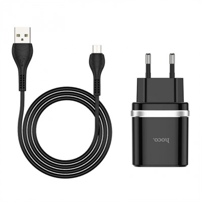 Зарядное устройство Hoco C12Q QC3.0 3А USB + кабель microUSB, черное