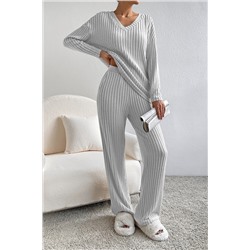 Light Grey Ribbed Knit V Neck Slouchy Two-piece Outfit