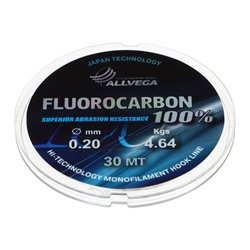 Леска монофильная ALLVEGA FX Fluorocarbon 100%, диаметр 0.20 мм, тест 4.64 кг, 30 м, прозрачная