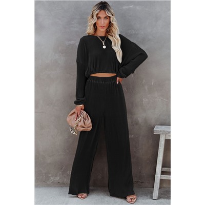 Black Corded Cropped Pullover and Wide Leg Pants Set