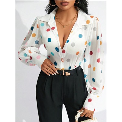 SHEIN Privé Farbenfrohes Langarmhemd Mit Polka-dot-druck