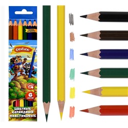 Набор цветных карандашей 6 цветов, шестигранные, пластиковые ,Creativiki,