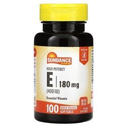Sundance Vitamins Высокоэффективный E, 180 мг (400 МЕ), 100 мягких таблеток с быстрым высвобождением