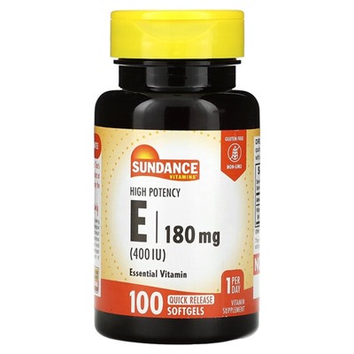 Sundance Vitamins Высокоэффективный E, 180 мг (400 МЕ), 100 мягких таблеток с быстрым высвобождением