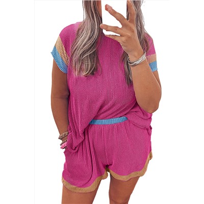 Bright Pink Textured Knit Contrast Trim Plus Shorts Set