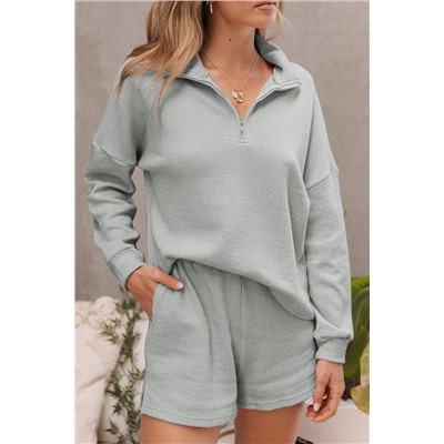 Gray Ribbed Zipper Sweatshirt and High Waist Shorts Set