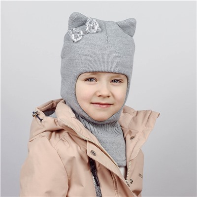 Шапка-шлем "Кошка" вязаный двухслойный. Цвет: серый меланж/серебро