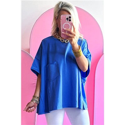 Blue Patched Pocket Exposed Seam Oversize T-shirt