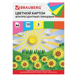Картон цветной А4 мелованный, флуоресцентный, 10 листов, 5 цветов, в папке, BRAUBERG, «Лето»