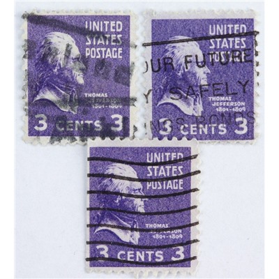 Марка 3 цента, США, Томас Джефферсон (темно-фиолетовый) 1938-1939 год