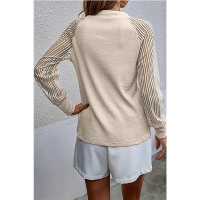 Apricot Striped Mesh Long Sleeve Crewneck Ribbed Top