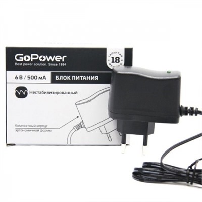 Адаптер питания GoPower 6В/500мА, нестабилиз., 5,5х2,5/12мм, положит. полярность (+)