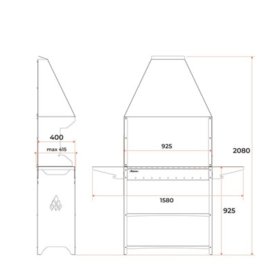 Мангал "Professional Standart Zont PSZ3000" с крышей, 158,2 х 41,2 х 207,9 см, 3 мм, полки