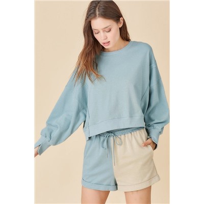 Sky Blue Split Hem Sweatshirt Color Block Shorts Set