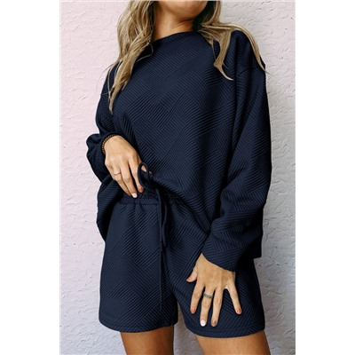 Navy Blue Textured Long Sleeve Top and Drawstring Shorts Set