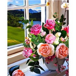 Алмазная вышивка с полным заполнением «Букет роз на окне», 50 × 60 см, на раме, Уценка