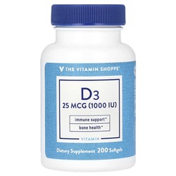 The Vitamin Shoppe Витамин D3, 25 мкг (1000 МЕ), 200 мягких таблеток
