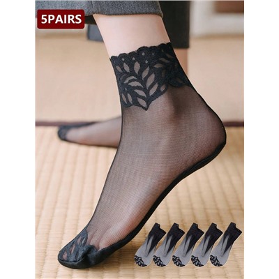 5 Paar Atmungsaktive Mesh-spitze Kurzsocken Für Damen, Schwarz, Frühling/sommer