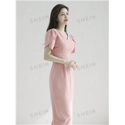 DAZY Damen Sommerkleid in elegantem Rosa mit V-Ausschnitt und Puffärmeln